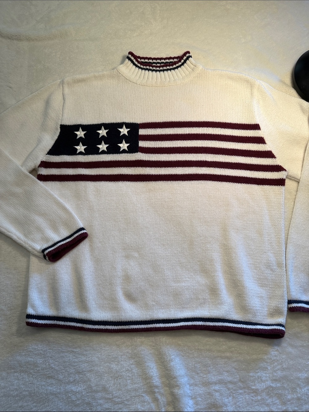 Christopher & Banks White Sweater with Navy and Burgundy Flag Panel